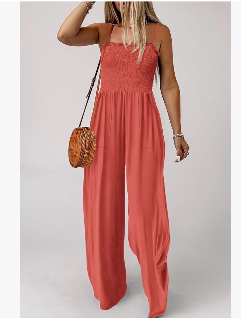 Smocked Strapwide Jumpsuit in Rust